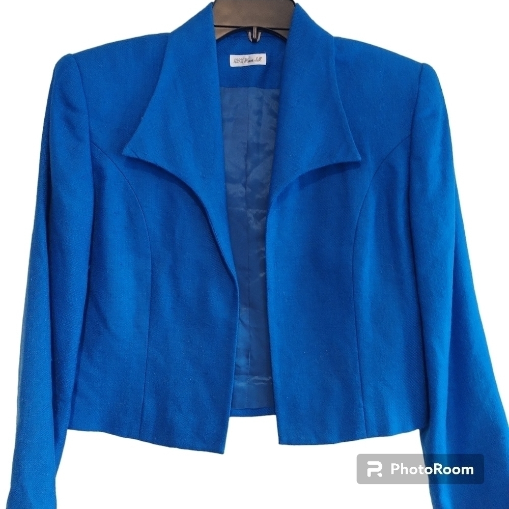 Ann May Blue Silk Open Front Blazer Jacket 4